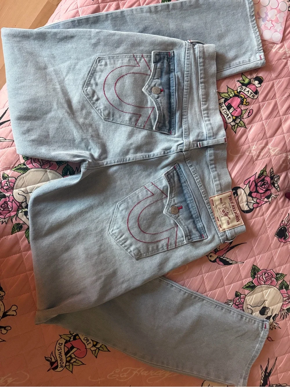 True Religion Light Blue Relaxed Slim Jeans with Red Stitching